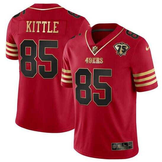 Men%27s San Francisco 49ers #85 George Kittle Red Gold With 75th Anniversary Patch Football Stitched Jersey